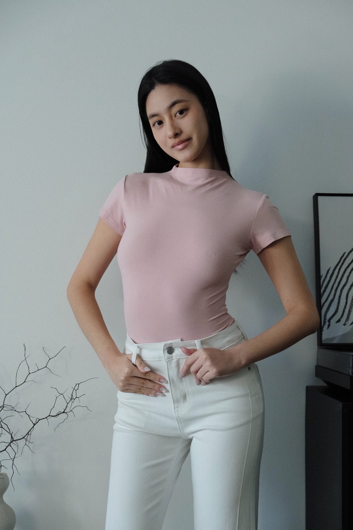 Elara Mock Neck Tee Pink